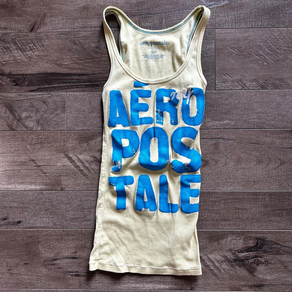 Y2K Aeropostale Women's Yellow Ribbed Graphic Logo Racerback Tank Top Size S